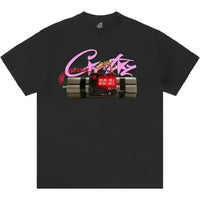 Black Corteiz No Time 4 Luv cotton t-shirt featuring a pink logo and a graphic of a bomb with a red digital timer.