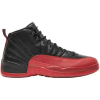 Jordan 12 Retro Flu Game 2016 sneaker with black tumbled leather upper and varsity red mudguard and outsole.