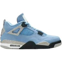 Air Jordan 4 University Blue sneaker in suede with speckled cement grey accents, black wing eyelets, and a visible air unit.