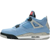 Jordan 4 Retro University Blue sneaker in suede with speckled cement grey accents and a visible Air unit in the sole.