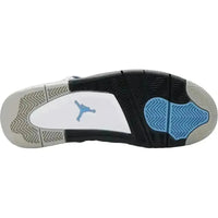 University Blue Jordan 4 Retro sneaker outsole featuring a black, white, and grey tread pattern with a blue Jumpman logo.