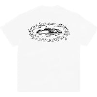 White Corteiz Alcatraz boxy fit t-shirt featuring a black graphic of an island surrounded by flames on the back.