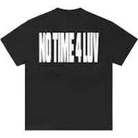 Black Corteiz cotton t-shirt featuring a bold white No Time 4 Luv graphic print on the back.