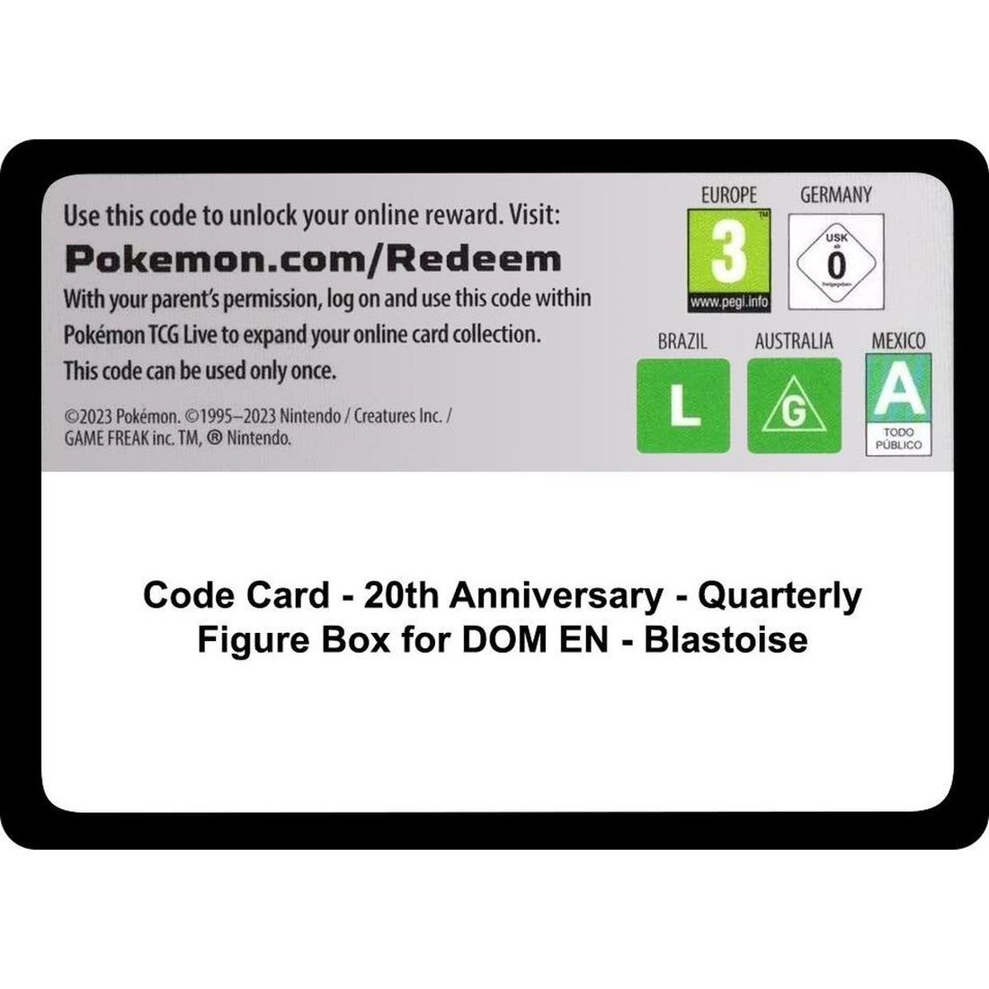 Code Card - 20th Anniversary - Quarterly Figure Box for DOM EN - Blastoise